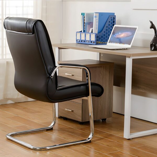 Black Office Executive Visitor Chair with chrome accents and ergonomic design, suitable for executive offices and conference rooms.