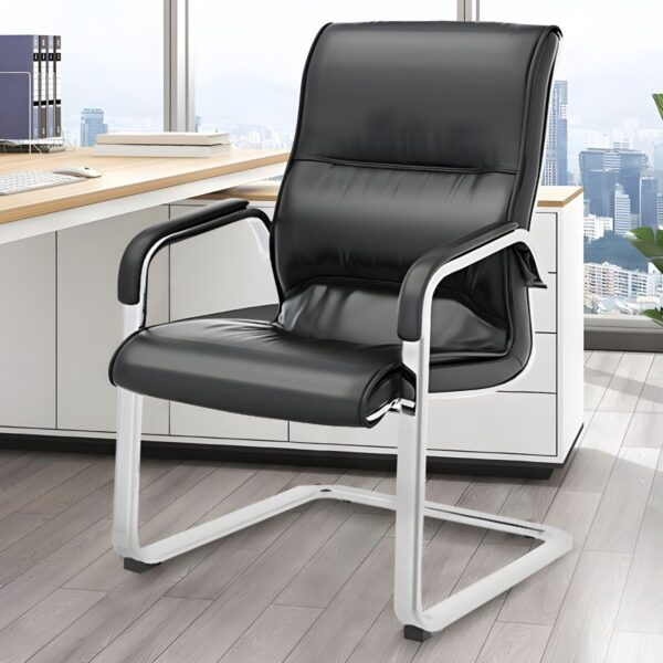 Black Office Executive Visitor Chair with chrome accents and ergonomic design, suitable for executive offices and conference rooms.