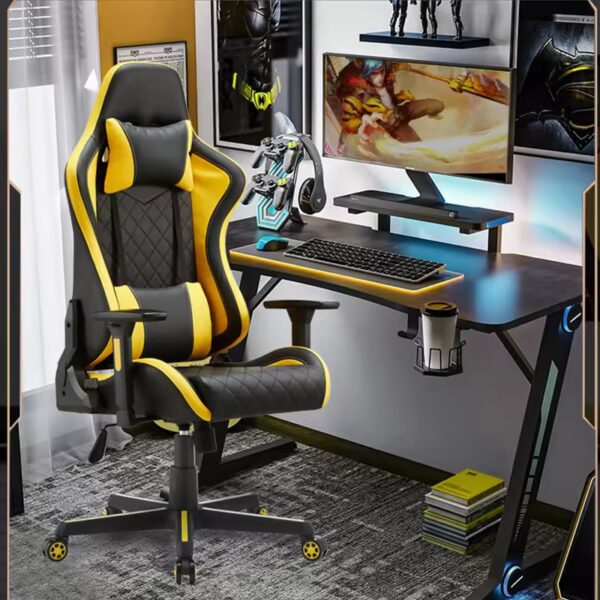 Ergonomic Yellow Gaming Office Chair with high backrest and adjustable features in a modern gaming setup.