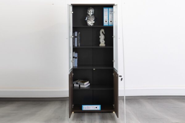 Brown 2-Door Glass Office Storage Cabinet with adjustable shelves and tempered glass doors.