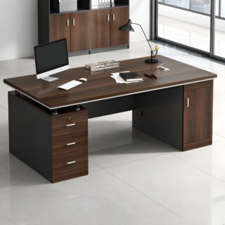 1.4 meters brown wooden executive table with drawers in a professional office setting.