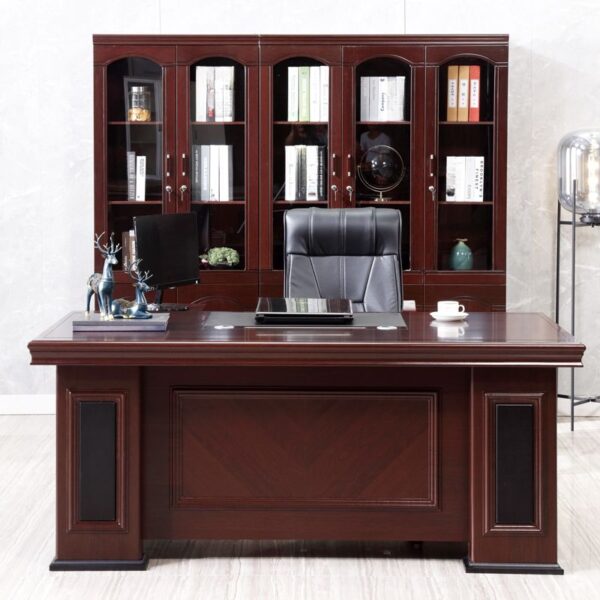 180cm Mahogany Executive Boss Office Table with spacious surface and built-in drawers for efficient storage.