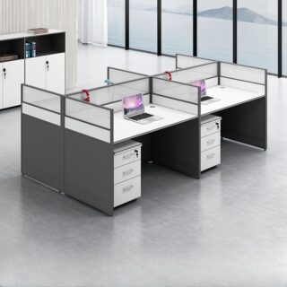 4-Way Modern Modular Office Workstation with interconnected desks, sleek design, and organized workspace.