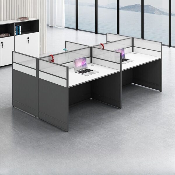 4-Way Modern Modular Office Workstation with interconnected desks, sleek design, and organized workspace.