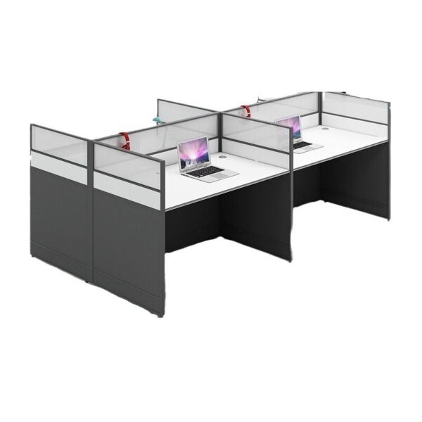 4-Way Modern Modular Office Workstation with interconnected desks, sleek design, and organized workspace.