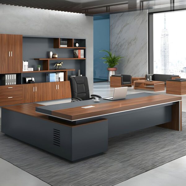 1800mm L-Fashioned Executive Office Table with spacious surface, storage drawers, and a sleek wood finish in a modern office setting.