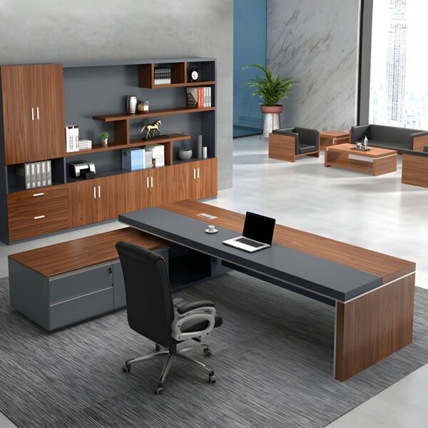 1800mm L-Fashioned Executive Office Table with spacious surface, storage drawers, and a sleek wood finish in a modern office setting.