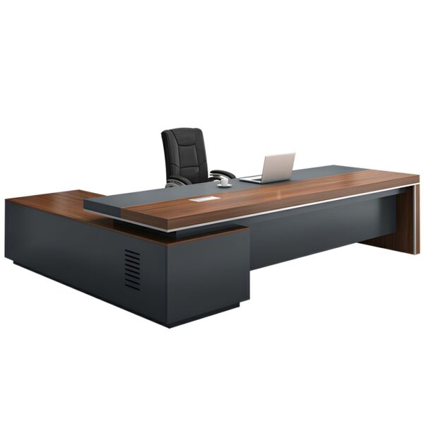 1800mm L-Fashioned Executive Office Table with spacious surface, storage drawers, and a sleek wood finish in a modern office setting.