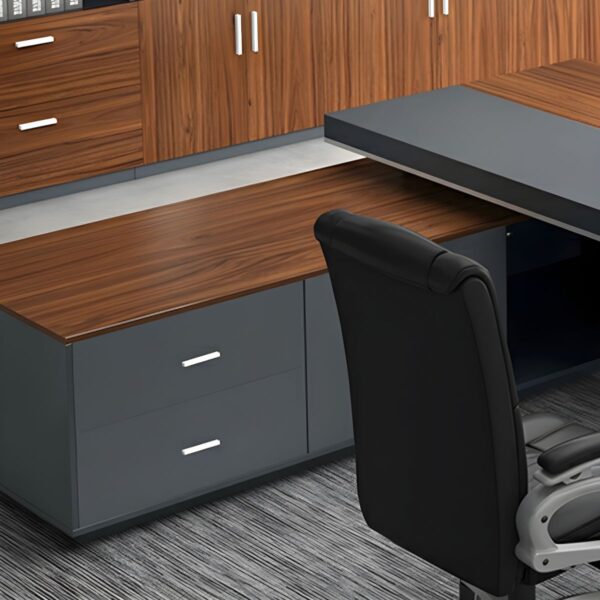 1800mm L-Fashioned Executive Office Table with spacious surface, storage drawers, and a sleek wood finish in a modern office setting.