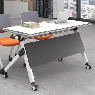 Modern White Foldable Desk with Steel Base in a contemporary home office, featuring a minimalist design and space-saving foldable function.