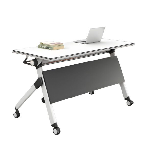 Modern White Foldable Desk with Steel Base in a contemporary home office, featuring a minimalist design and space-saving foldable function.