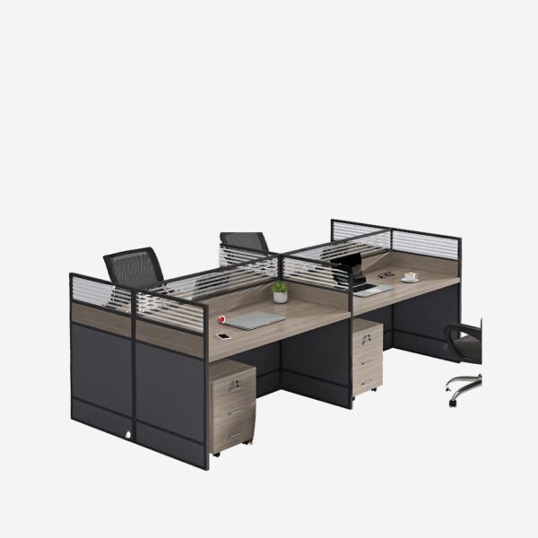 4-Way Modular Office Workstation with four individual workspaces, cable management, and ergonomic design for a flexible and organized office environment.