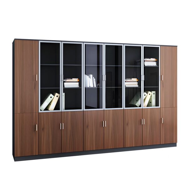 3-Door Wooden Storage Cabinet with adjustable shelves and sleek handles, ideal for organizing books, documents, or home essentials.