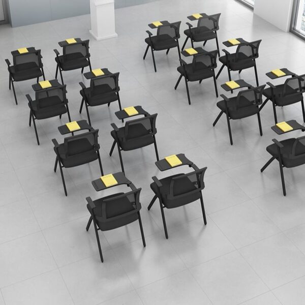 A foldable conference style seating arrangement with built-in desks, featuring ergonomic chairs and sleek, modern design. Perfect for meetings, conferences, or training sessions.