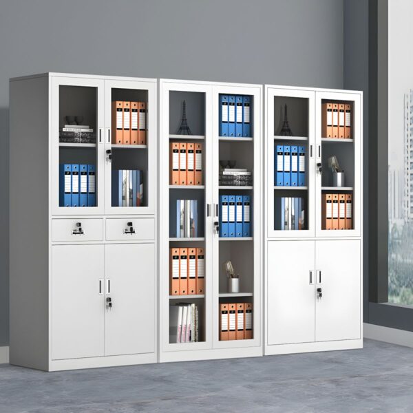 2-Door Metallic Storage Cabinet with Drawers, featuring a durable metal construction, locking drawers, and ample storage space for office or home use.