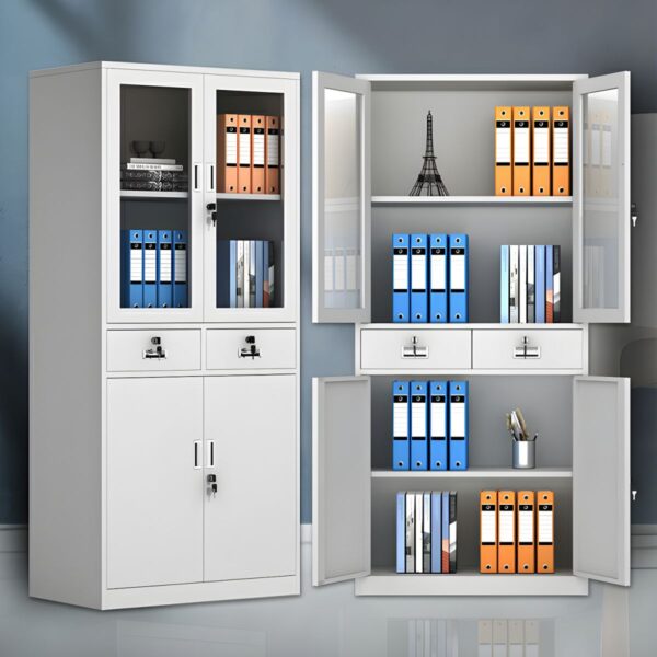 2-Door Metallic Storage Cabinet with Drawers, featuring a durable metal construction, locking drawers, and ample storage space for office or home use.