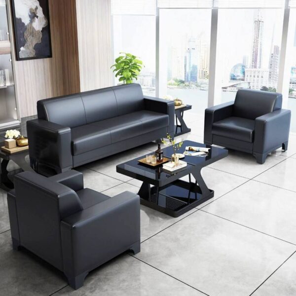 5-Seater Classic Black Reception Sofa Set in a stylish office setting.