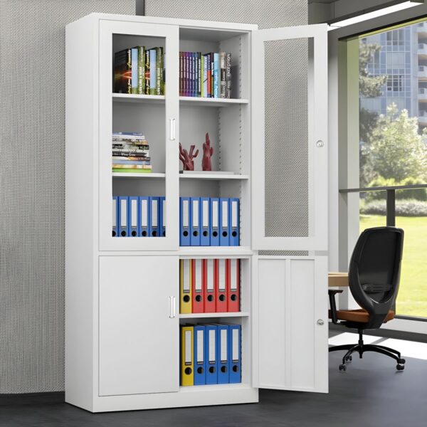 Double Door Steel Office Storage Cabinet with adjustable shelves and locking doors for secure storage.