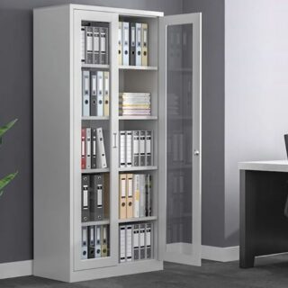 2-Door Full Glass Filing Office Cabinet with transparent glass doors and adjustable shelves, perfect for organizing files and office supplies.