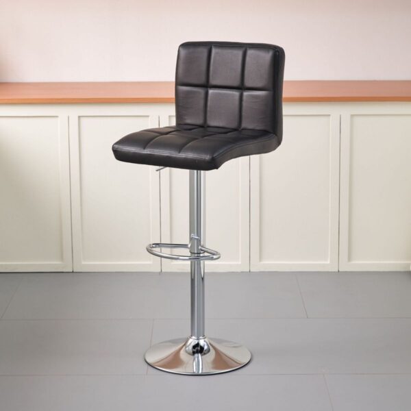 Midnight Black Adjustable Swivel Barstool with cushioned seat, metal base, and footrest.