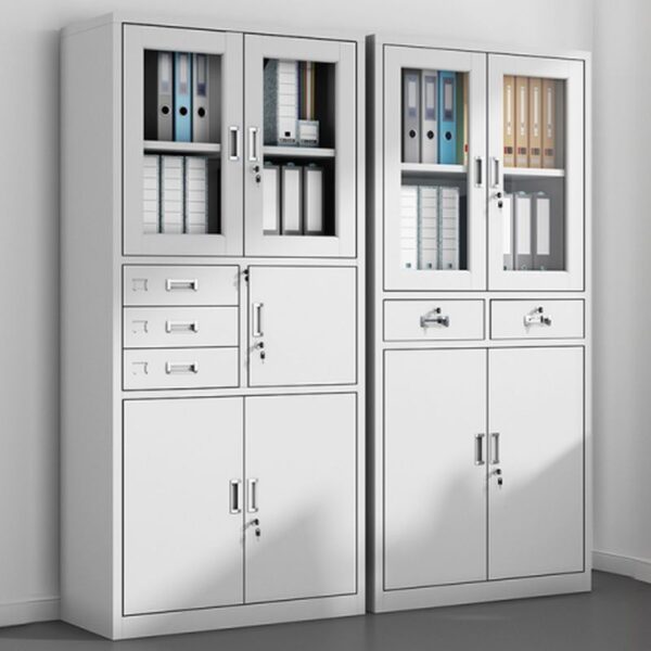 2-Door Metallic Office Cabinet with Safe, featuring adjustable shelves and a secure lockable safe for confidential storage.