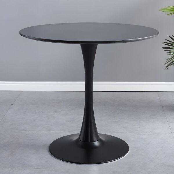 Modern Round Eames Dining Table with wood veneer top and molded fiberglass base, set in a contemporary dining room.