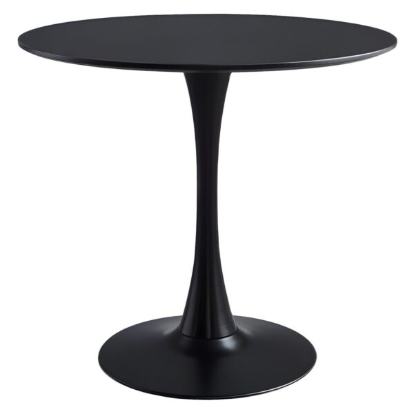 Modern Round Eames Dining Table with wood veneer top and molded fiberglass base, set in a contemporary dining room.