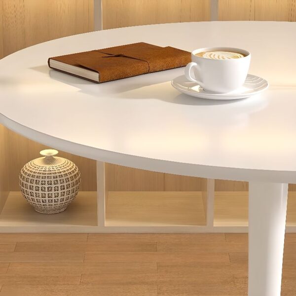 Modern Chalk White Round Dining Table with sleek minimalist design and sturdy base.