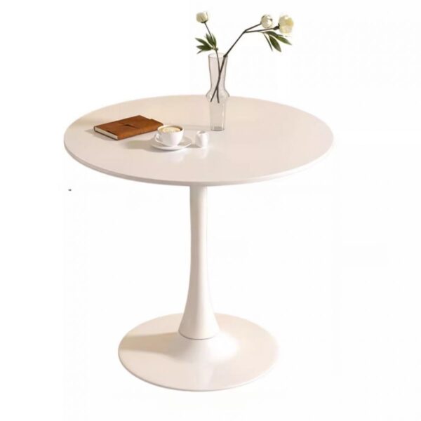 Modern Chalk White Round Dining Table with sleek minimalist design and sturdy base.