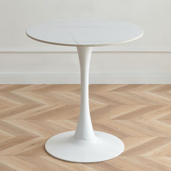 White Round Tulip Dining Table with a smooth marble top and iconic pedestal base, perfect for contemporary dining spaces.