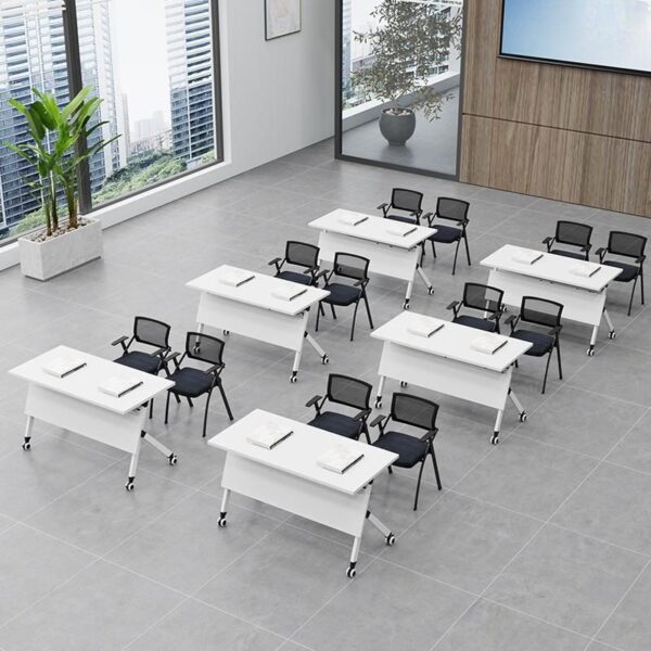 Compact Foldable Writing Table with Caster Wheels, sleek design, portable, and space-saving for home or office use.