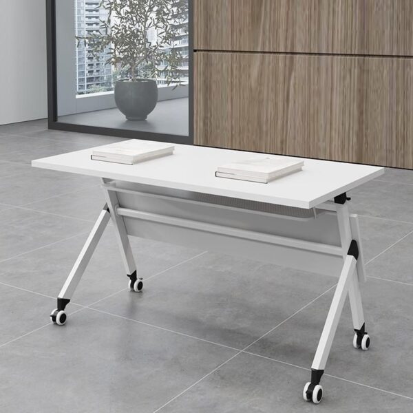 Compact Foldable Writing Table with Caster Wheels, sleek design, portable, and space-saving for home or office use.