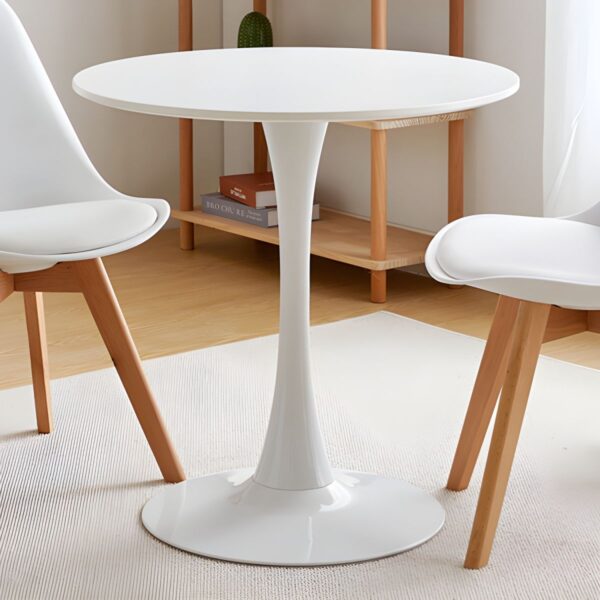 Simple Round Solid Wood Dining Table with natural wood grain, sturdy base, and minimalist design.