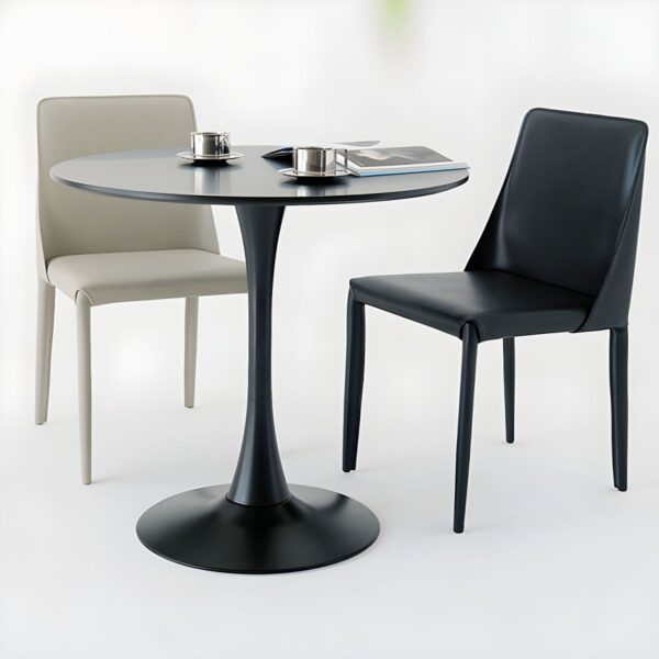 Black Round Wooden Tulip Dining Table with a sleek circular wood top and minimalist pedestal base in a modern dining room setting.