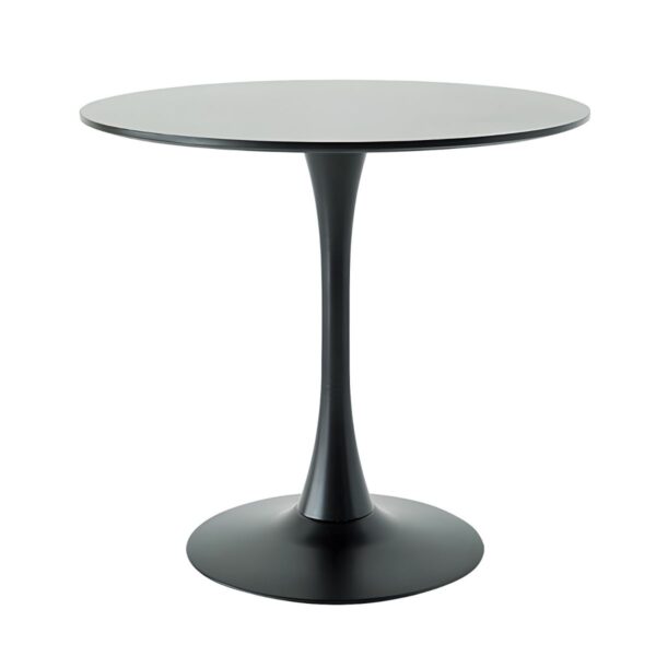 Black Round Wooden Tulip Dining Table with a sleek circular wood top and minimalist pedestal base in a modern dining room setting.