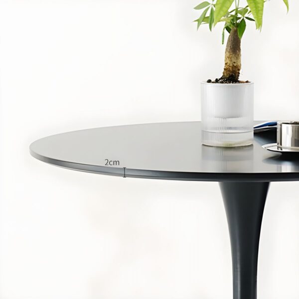 Black Round Wooden Tulip Dining Table with a sleek circular wood top and minimalist pedestal base in a modern dining room setting.