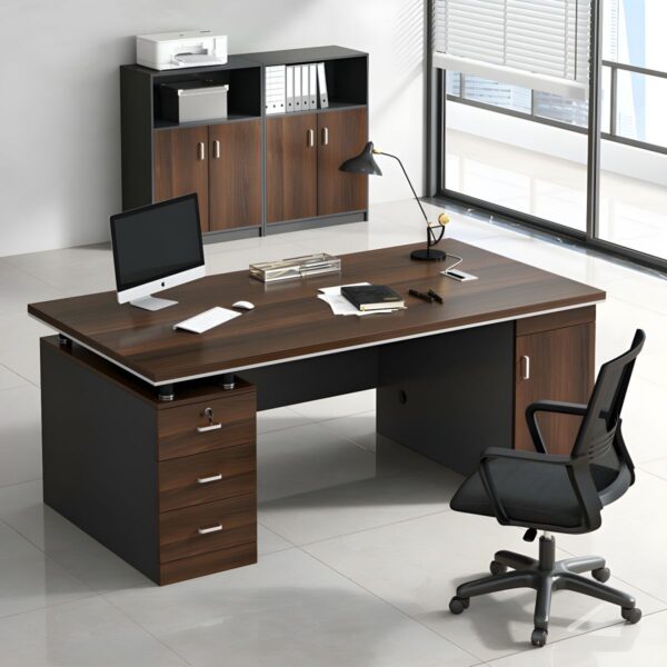 1.4 meters brown wooden executive table with drawers in a professional office setting.