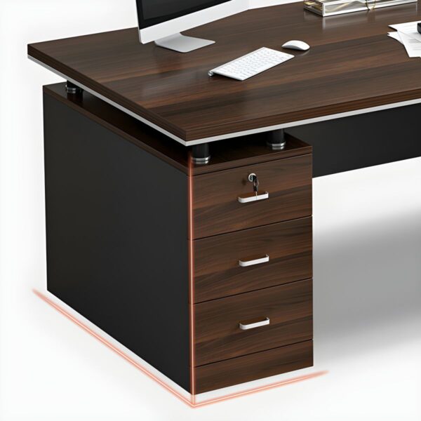 1.4 meters brown wooden executive table with drawers in a professional office setting.