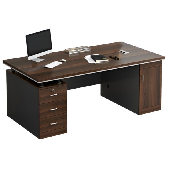 1.4 meters brown wooden executive table with drawers in a professional office setting.