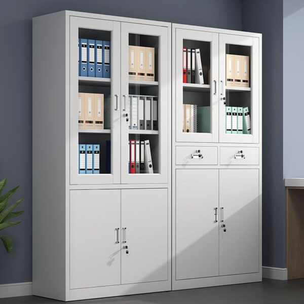 2-Door Gray Steel Office Storage Cabinet with adjustable shelves and locking mechanism for secure storage.