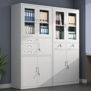 2-Door Gray Steel Office Storage Cabinet with adjustable shelves and locking mechanism for secure storage.