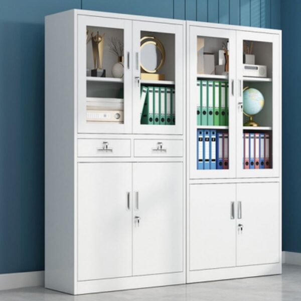 2-Door Gray Steel Office Storage Cabinet with adjustable shelves and locking mechanism for secure storage.