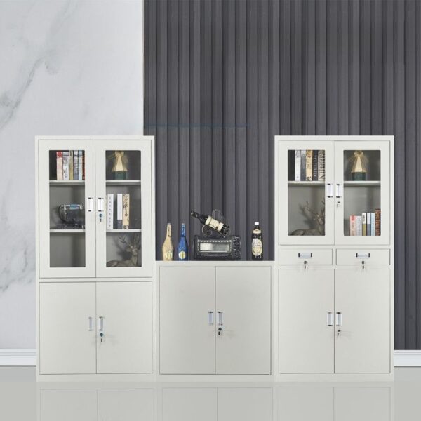 Half-Glass Metallic Office Storage Cabinet with adjustable shelves and sleek design.