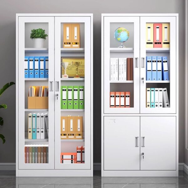 Full Glass 2-Door Chalk Storage Office Cabinet with adjustable shelves and sleek glass doors.