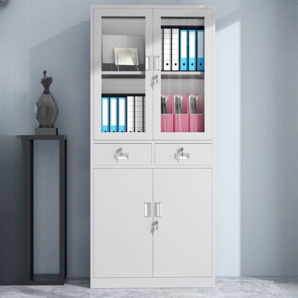 2-Door Steel Storage Cabinet with lockable drawers and adjustable shelves for versatile organization.