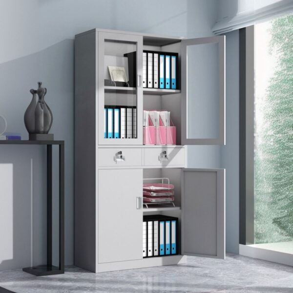 2-Door Steel Storage Cabinet with lockable drawers and adjustable shelves for versatile organization.