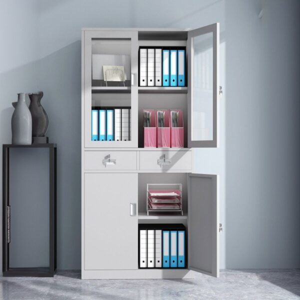 2-Door Steel Storage Cabinet with lockable drawers and adjustable shelves for versatile organization.