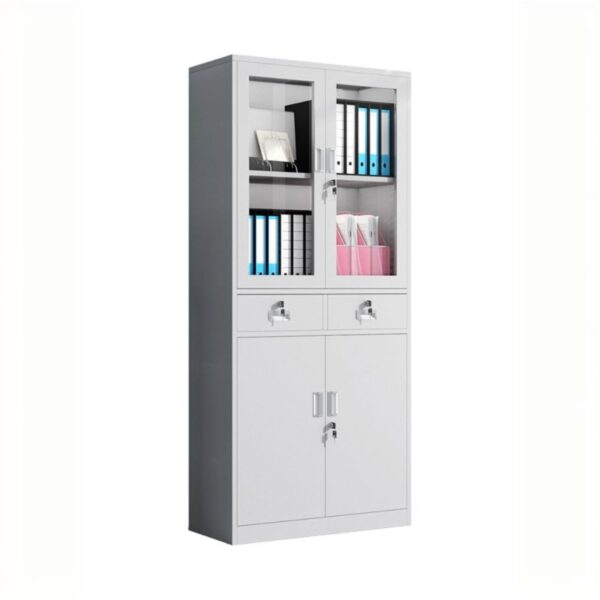 2-Door Steel Storage Cabinet with lockable drawers and adjustable shelves for versatile organization.