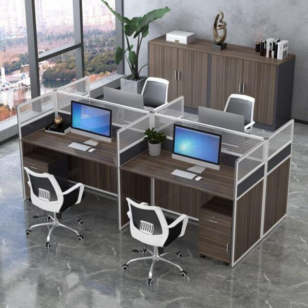 4-Way Rectangular Brown Office Workstation with ample surface space and integrated cable management, ideal for multi-user work environments.