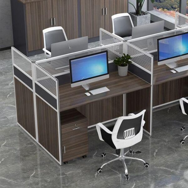 4-Way Rectangular Brown Office Workstation with ample surface space and integrated cable management, ideal for multi-user work environments.